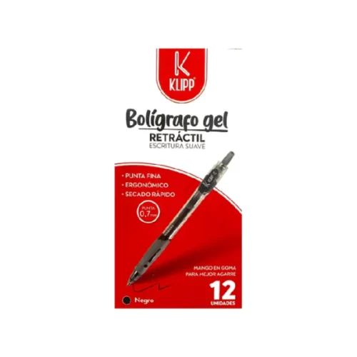 Bolígrafo retráctil tinta tipo gel punta fina 0.7 negro por 12 unidades KLIPP